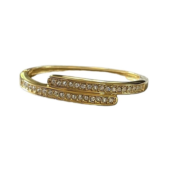 Rhinestone Vintage Hinged Bangle Bracelet, Gold Tone Bypass Style Retro 80s - Picture 1 of 10